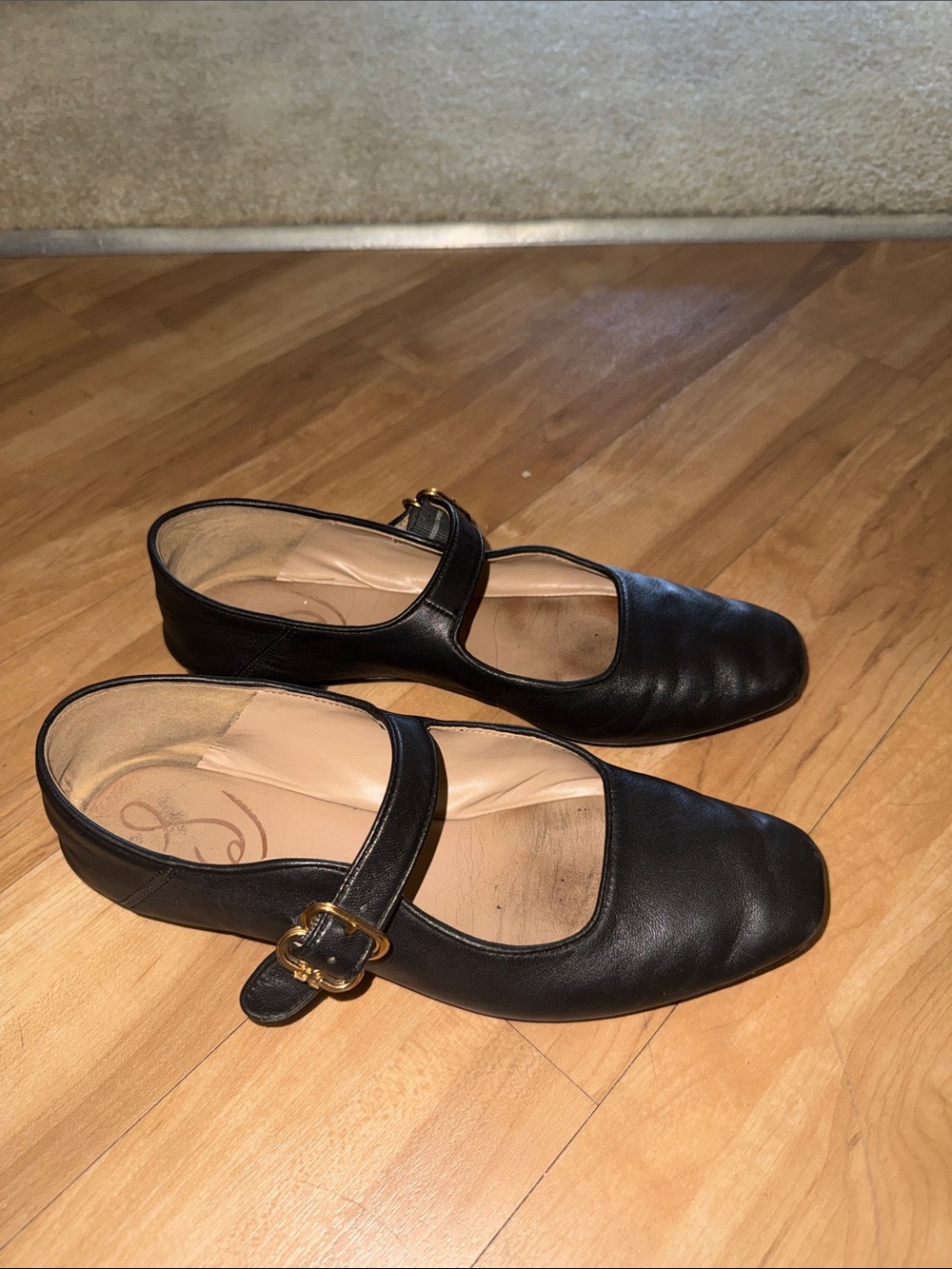 Sam Edelman Black Leather Mary Jane Flats with Gold Buckle